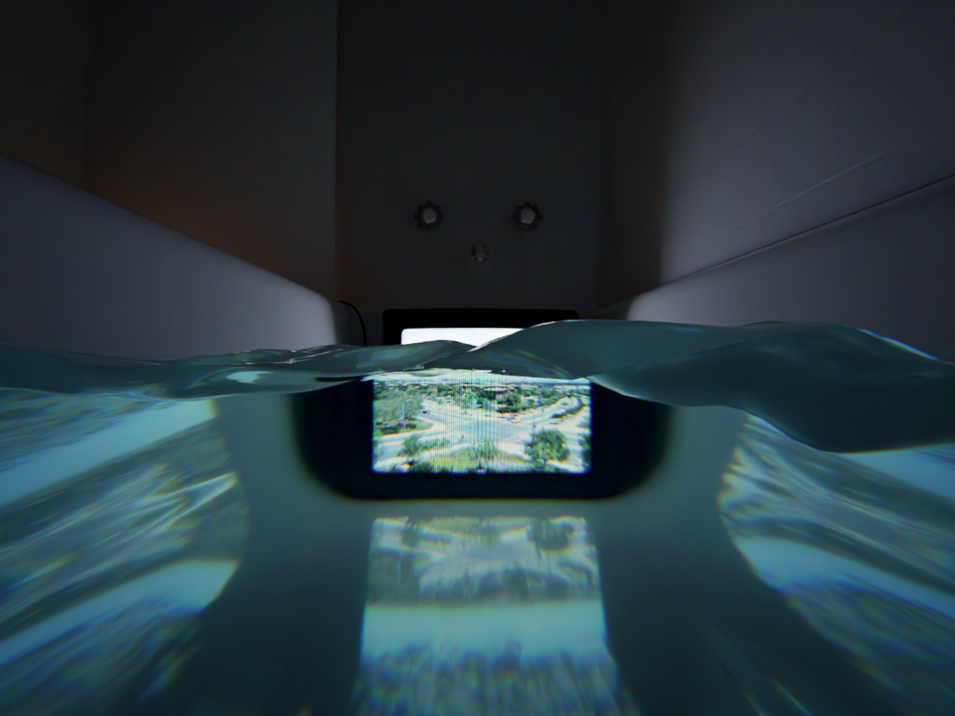 Rendering of a CRT TV in a bath tub as viewed from underwater