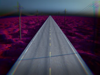 Rendering of road and power lines in a desolate pink desert.