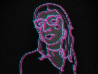 Pink and blue drawing of Nettle, a white transsexual woman wearing glasses, a choker and a dress.